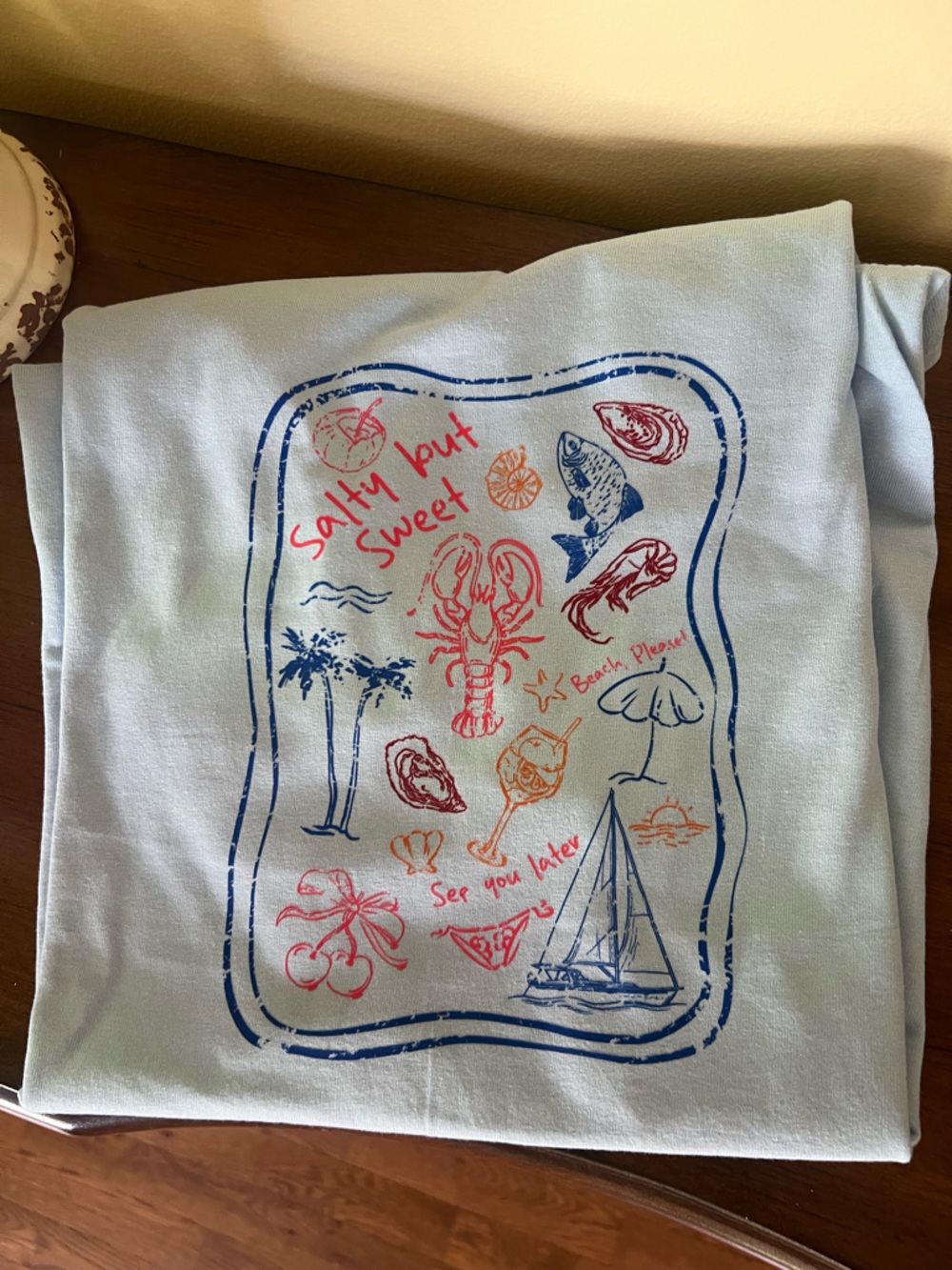 Gildan Light Blue Short Sleeve Tee with Red & Blue Nautical Print